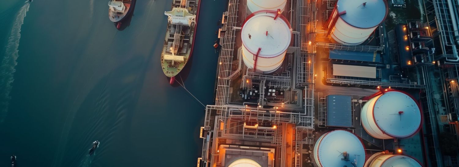 Aerial view of oil storage tanks, oil refinery at oil depot, transportation of fuel energy by tanker.