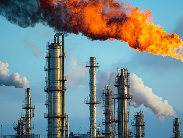Industrial refinery with multiple chimneys emitting smoke and flames against a blue sky backdrop.
